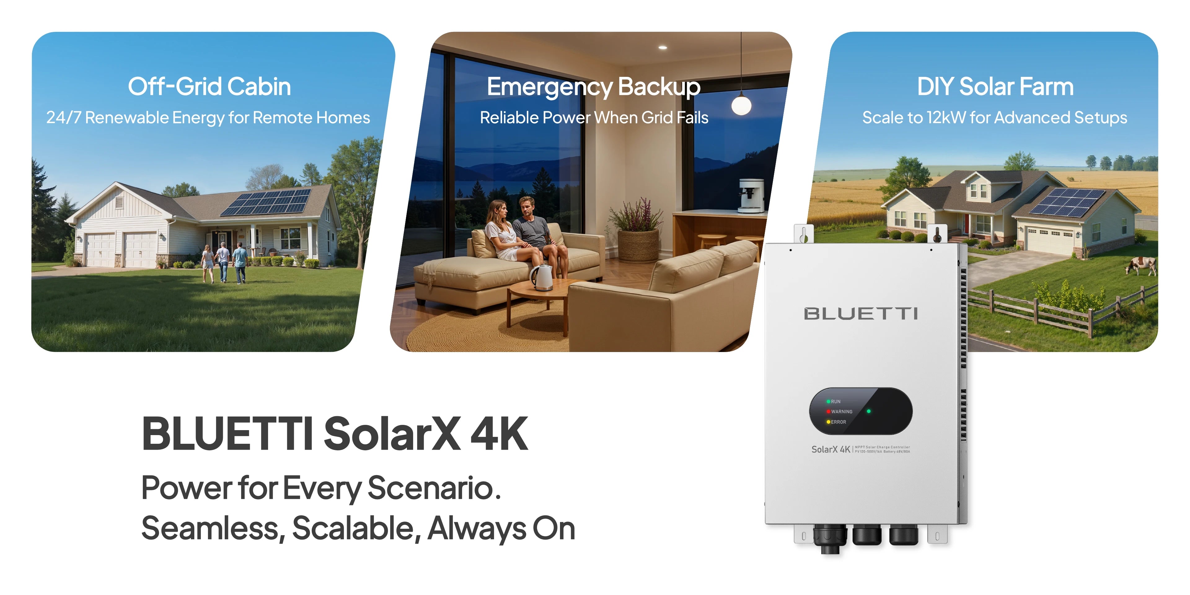 BLUETTI SolarX 4K solar charge controller showcasing versatile applications for off-grid power, home backup energy storage and DIY solar farm systems