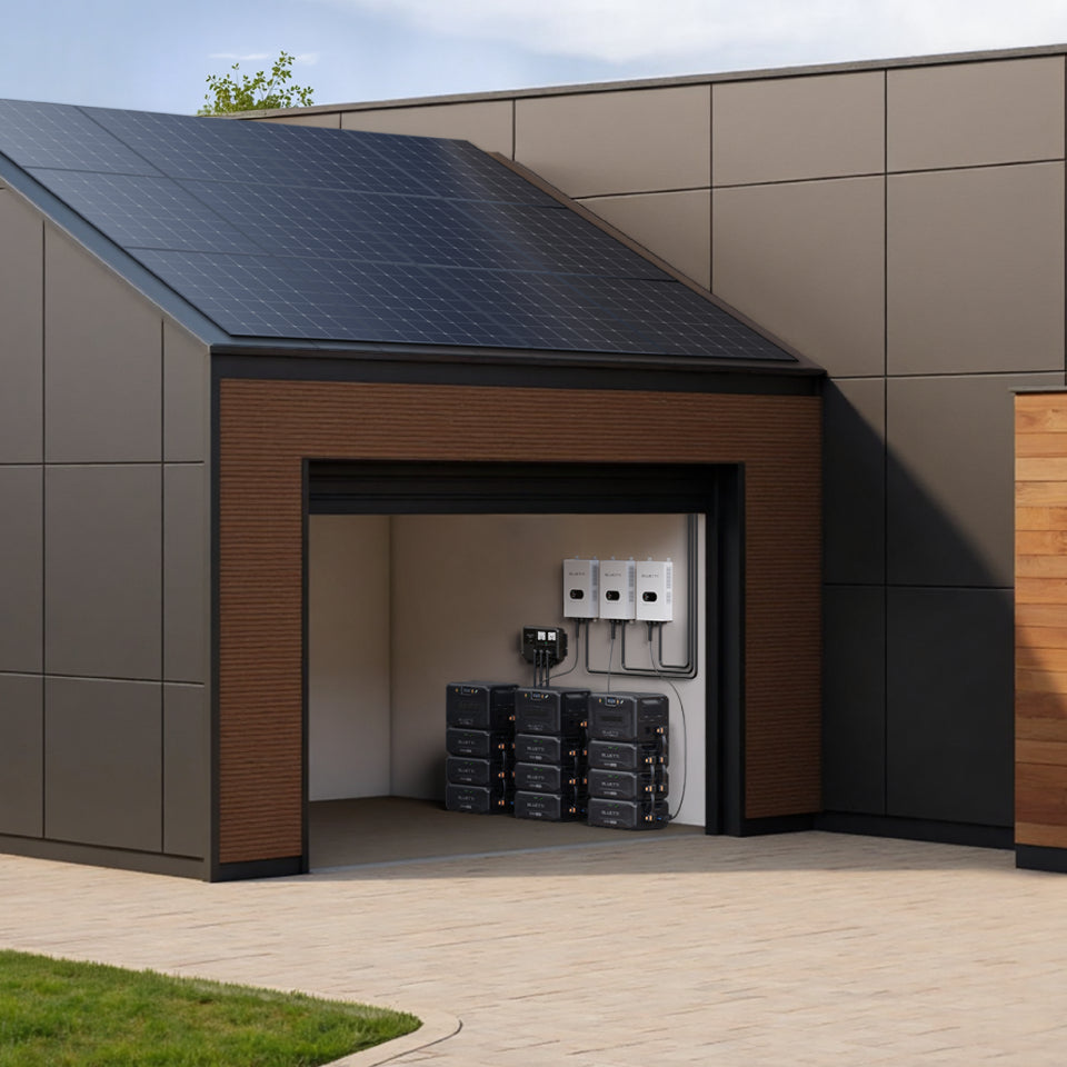 BLUETTI triple Apex 300 stations with nine B300K batteries and three SolarX 4K panels for large-scale off-grid solar generator and whole-home backup power