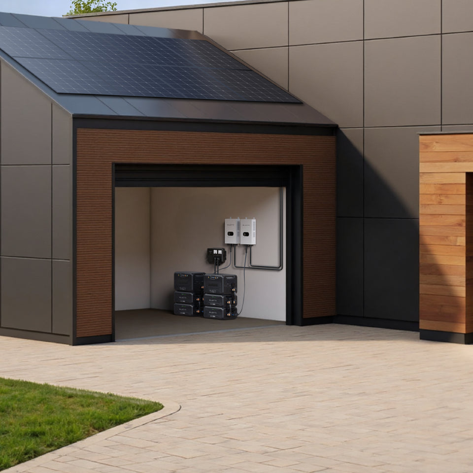 BLUETTI dual Apex 300 stations with four B300K batteries and two SolarX 4K panels for reliable off-grid living and home backup power supply