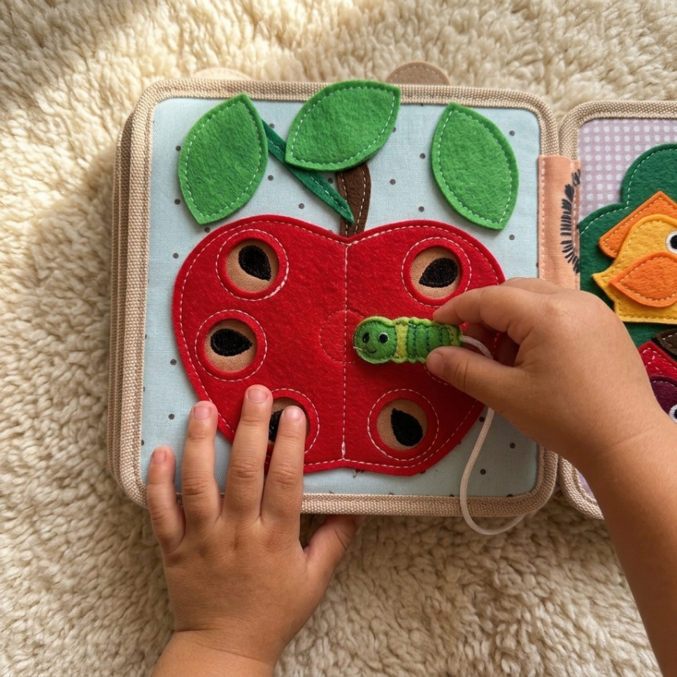 A toddler threading the felt caterpillar through the apple page