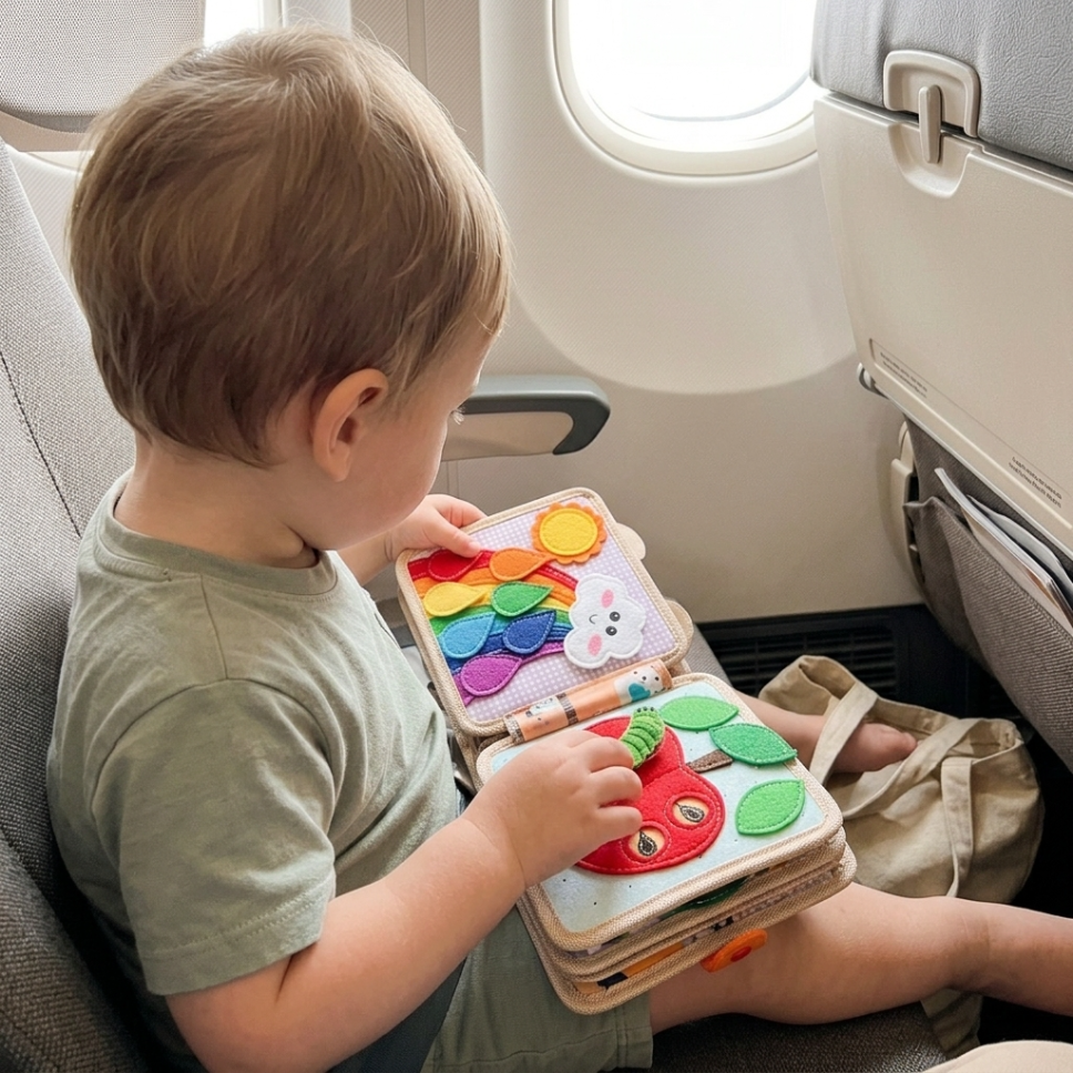 The giraffe busy book being used on a plane