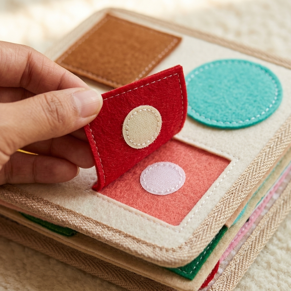 A felt piece lifted away from the page, showing the reinforced stitching underneath