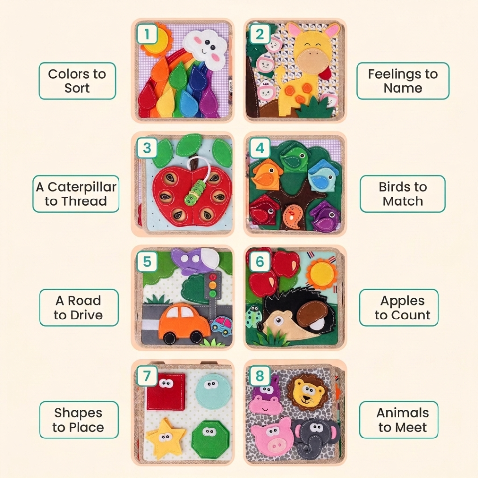 All eight pages of the giraffe busy book