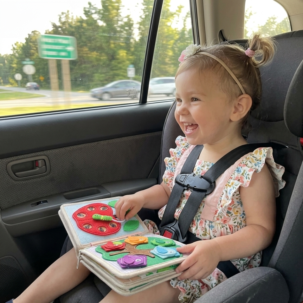 The giraffe busy book being used in the car